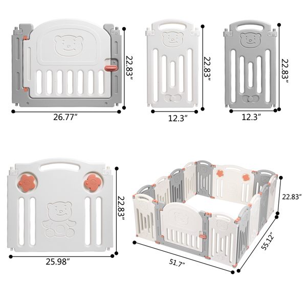 LALAHO HDPE 小熊款12+2 灰白色 婴儿游戏围栏 可折叠 N001-9