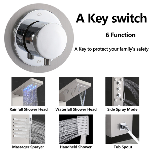 银色 不锈钢 淋浴屏 六种出水模式 带LED灯  6501 N001-22