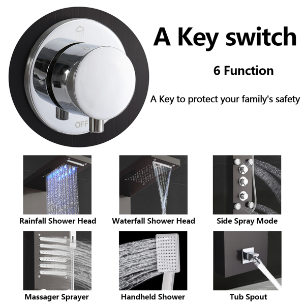 黑色 不锈钢 淋浴屏 六种出水模式 带LED灯 6501 N001-22