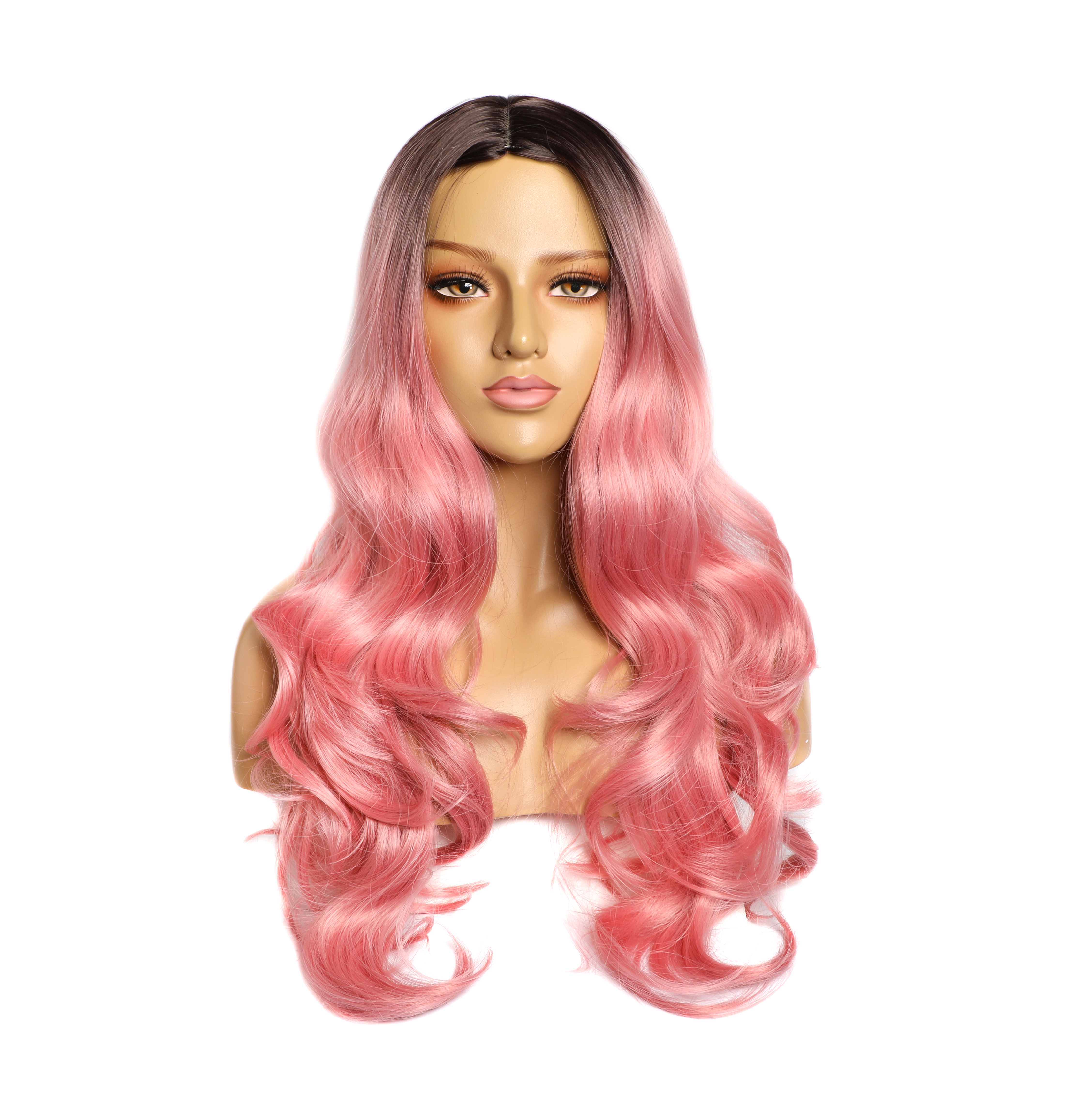 Synthetic Wigs Ombre Pink Long Wavy Women Heat Resistant Fiber Middle Part Cosplay Wigs 26inch