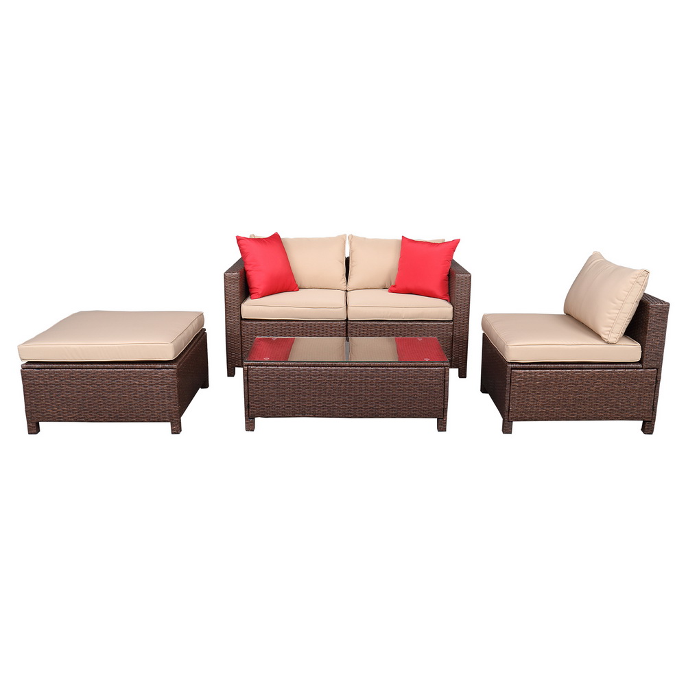 Oshion 5-Piece Set Rattan Sofa Hanging Legs 2 Corners 1 Sofa Without Armrests 1 Foot Drag 1 Rectangular Coffee Table Brown  (Total Three Boxes) 