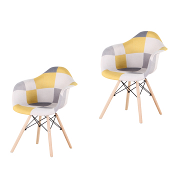 一套2把，塑壳/亚麻/天鹅绒餐椅，金属框架和天然山毛榉木椅腿，带扶手，适用于餐厅、客厅、厨房，亚麻拼布 C