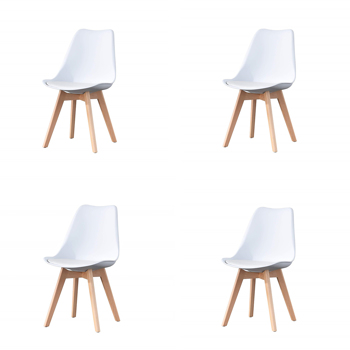 一套4把，塑壳北欧餐椅，交叉山毛榉木腿，适用于餐厅、客厅、办公室、卧室，白色