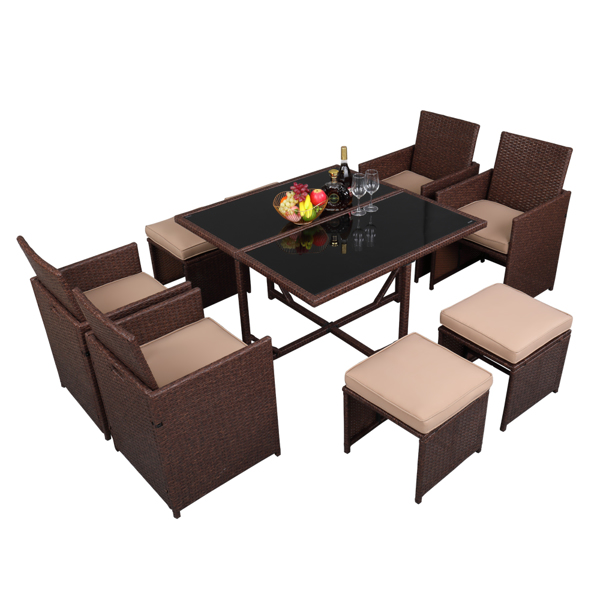 9 Piece Wood Grain Pe Wicker Rattan Dining Table Chair With