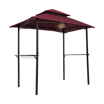 8x5英寸户外烧烤露台烧烤篷,双层软顶篷，带多功能置物架带LED灯（酒红色）