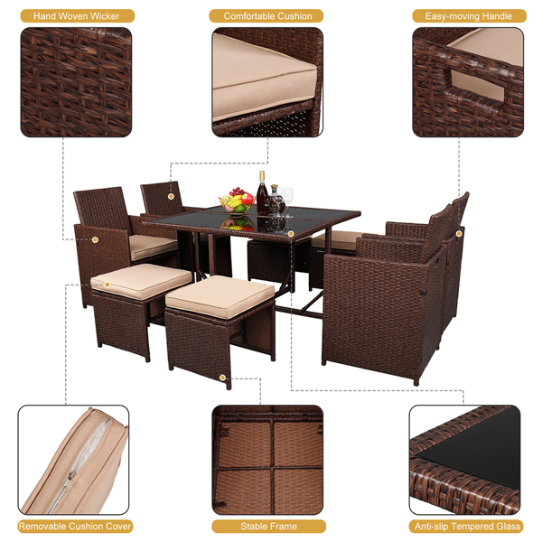 棕色木纹藤 9件套餐桌椅 卡其色5cm沙发垫 玻璃2片(该产品分为三个包裹发货）-27
