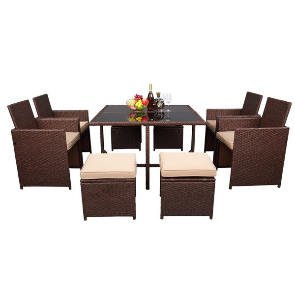 棕色木纹藤 9件套餐桌椅 卡其色5cm沙发垫 玻璃2片(该产品分为三个包裹发货）-3