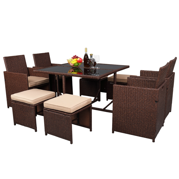 棕色木纹藤 9件套餐桌椅 卡其色5cm沙发垫 玻璃2片(该产品分为三个包裹发货）-5