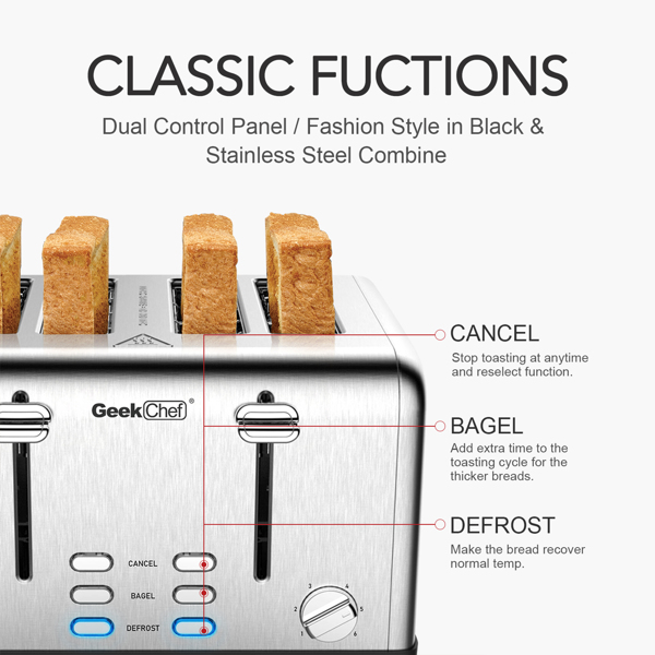 Geek Chef的带有百吉饼/除霜/取消功能双控制面板（银灰色）的4切片不锈钢超宽槽多士炉，禁止销售亚马逊-6