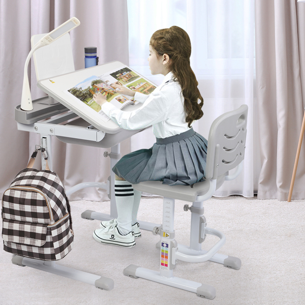  【ZTGM】70CM提拉升降桌面可倾斜儿童学习桌椅 灰色（带阅读架带USB台灯） -16