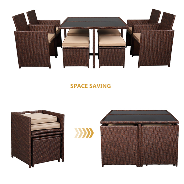 棕色木纹藤 9件套餐桌椅 卡其色5cm沙发垫 玻璃2片(该产品分为三个包裹发货）-23