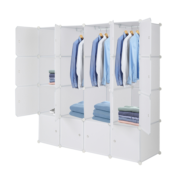 4层16格魔方片衣柜 塑料+钢丝带3个挂衣杆 可自由组装 142*47*142cm 白色-3