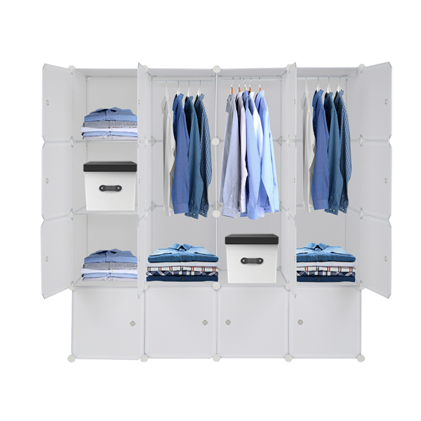 4层16格魔方片衣柜 塑料+钢丝带3个挂衣杆 可自由组装 142*47*142cm 白色-1