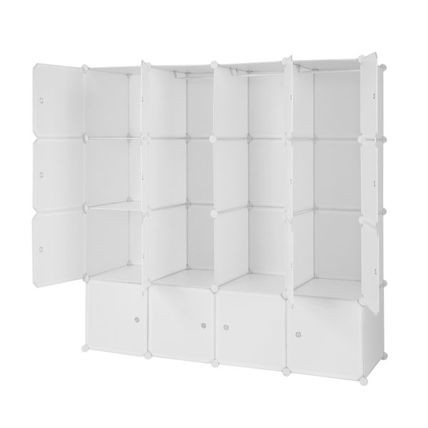 4层16格魔方片衣柜 塑料+钢丝带3个挂衣杆 可自由组装 142*47*142cm 白色-6