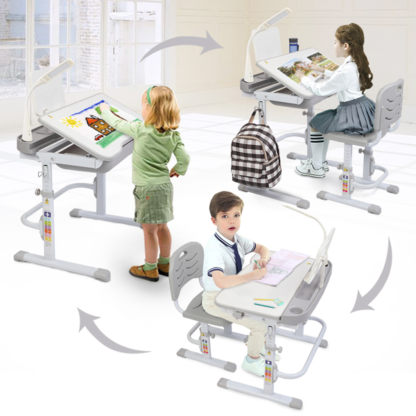  【ZTGM】70CM提拉升降桌面可倾斜儿童学习桌椅 灰色（带阅读架带USB台灯） -15