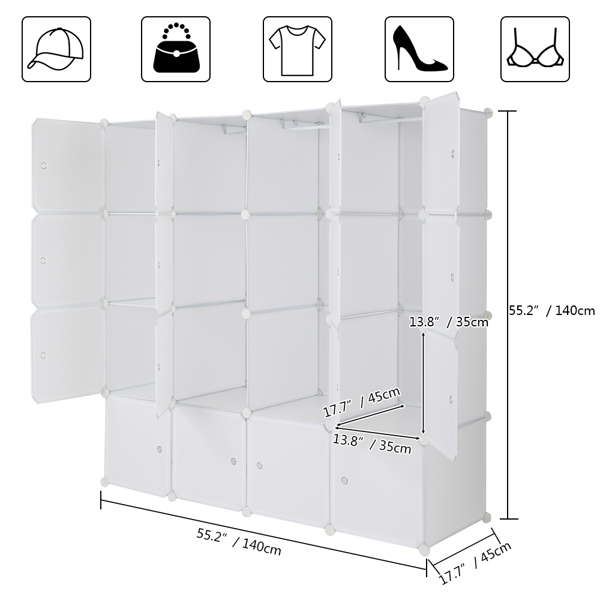 4层16格魔方片衣柜 塑料+钢丝带3个挂衣杆 可自由组装 142*47*142cm 白色-12