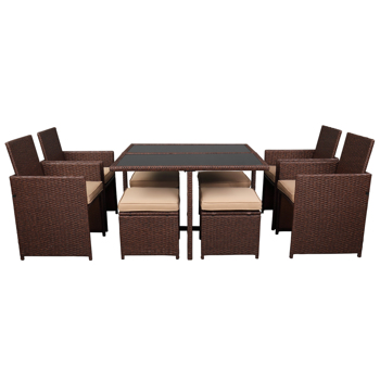 棕色木纹藤 9件套餐桌椅 卡其色5cm沙发垫 玻璃2片(该产品分为三个包裹发货）