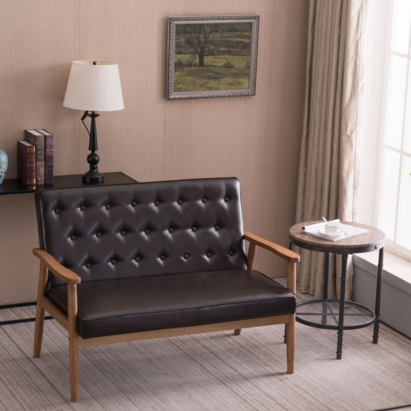 简约双人沙发椅 实木 软包PU 棕色 室内休闲椅 复古风 A款 N101-24