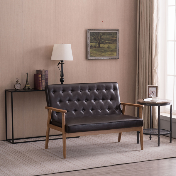 简约双人沙发椅 实木 软包PU 棕色 室内休闲椅 复古风 A款 N101-30