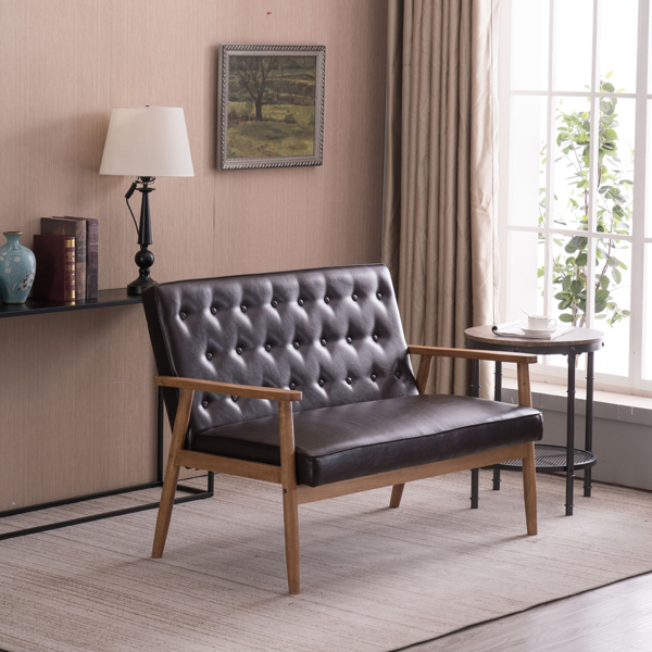 简约双人沙发椅 实木 软包PU 棕色 室内休闲椅 复古风 A款 N101-27
