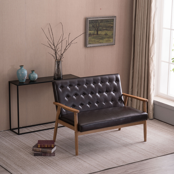 简约双人沙发椅 实木 软包PU 棕色 室内休闲椅 复古风 A款 N101-11