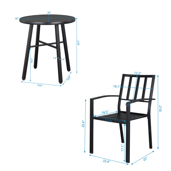 2pcs餐椅和1pc餐桌 靠背桌面竖格 黑色 庭院铁桌椅套装 N001-19