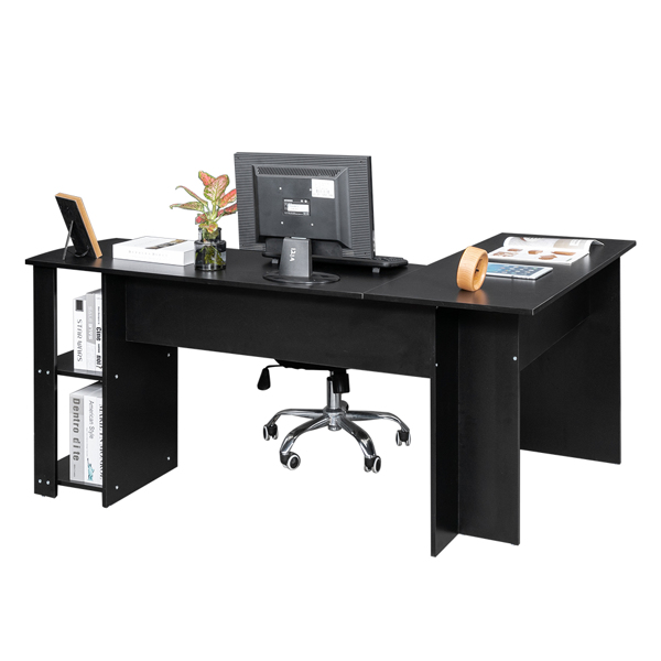 大号L型木质电脑办公桌带2层置物层-黑色【DC】-9
