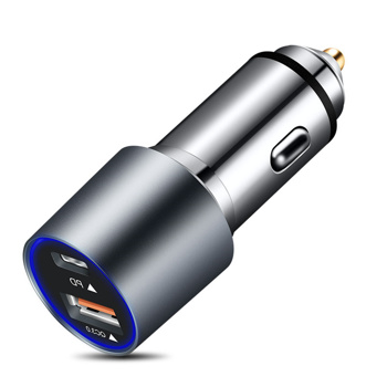 便携式车载充电器, 双端口USB QC3.0 + PD 快速充电器,全铝合金外壳,紧固耐用散热快