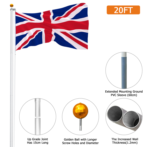 拼接型旗杆 5.1*5.1*600cm 旗杆 铝合金 可调节 可伸缩 庭院 户外 英国-6