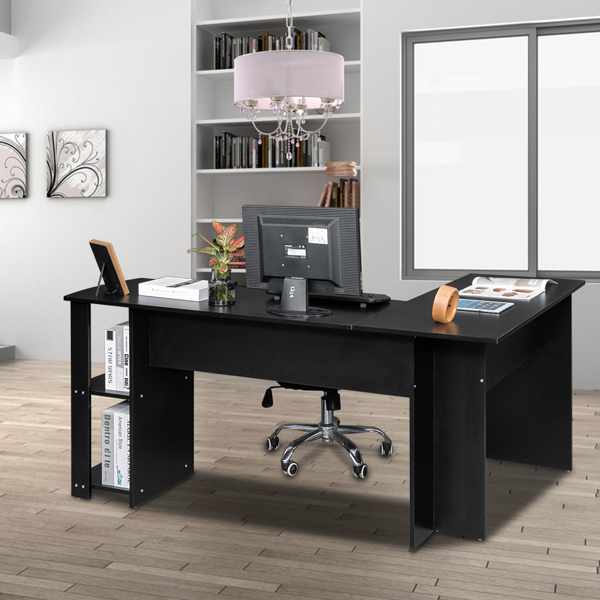 大号L型木质电脑办公桌带2层置物层-黑色【DC】-13