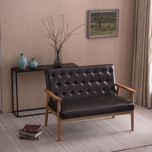 简约双人沙发椅 实木 软包PU 棕色 室内休闲椅 复古风 A款 N101-13
