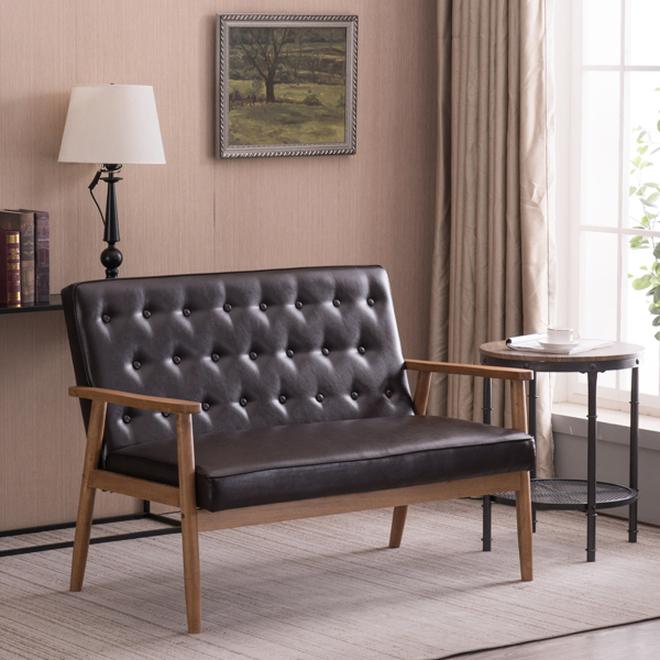 简约双人沙发椅 实木 软包PU 棕色 室内休闲椅 复古风 A款 N101-23