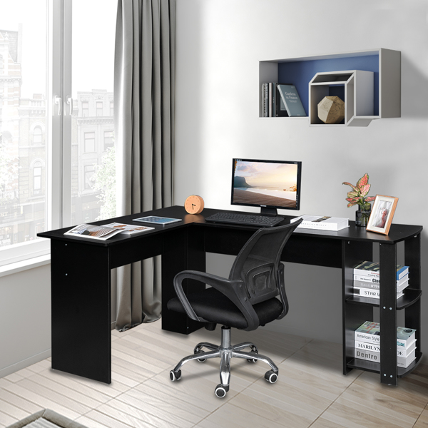 大号L型木质电脑办公桌带2层置物层-黑色【DC】-14