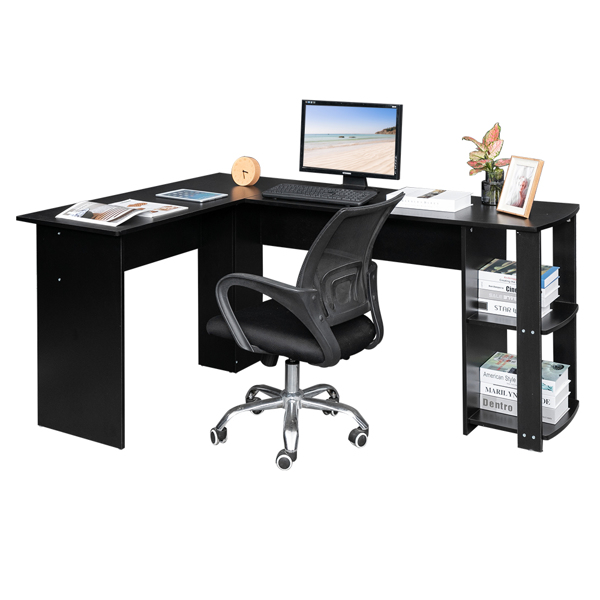 大号L型木质电脑办公桌带2层置物层-黑色【DC】-11