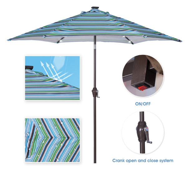 户外天井8.7英尺市场桌子伞带24LED灯，带曲柄和倾斜按钮，蓝色条纹[不包括伞底座] -5