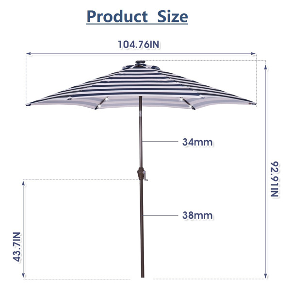户外天井8.7英尺市场桌子伞带24LED灯，带曲柄和倾斜按钮，蓝白条纹[不包括伞底座] -4