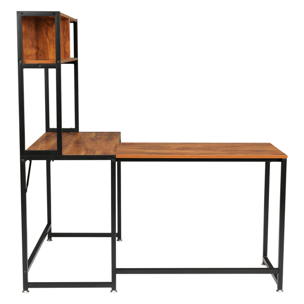 复古色面板 黑色钢架 刨花板贴三胺 L型直角 桌上带搁架层 电脑桌 N001-2