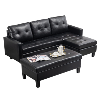 L形 拆装 靠背拉点款可变组合 三人位 室内组合沙发 实木 软包PU196*68*80cm 黑色 简约北欧风格