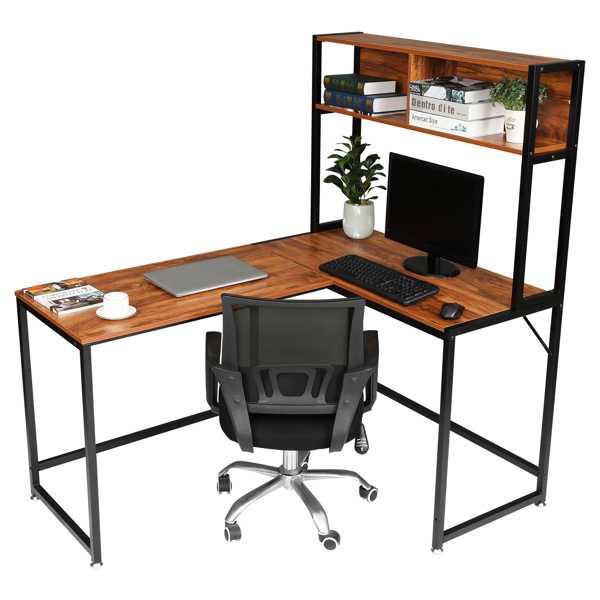 复古色面板 黑色钢架 刨花板贴三胺 L型直角 桌上带搁架层 电脑桌 N001-12