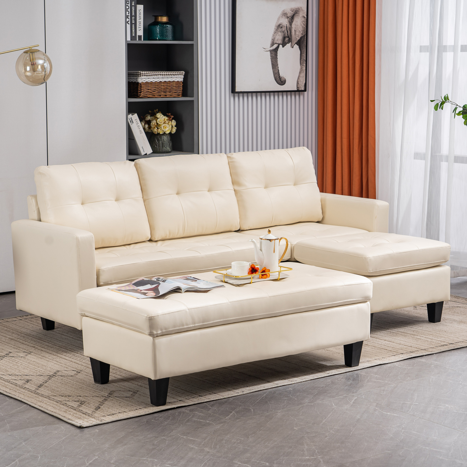 L-shaped Disassembly, Backrest Pull Point, Variable Combination, Three-seat Indoor Sofa, Solid Wood Soft Bag PU 194*67*83cm White Simple Nordic Style N101