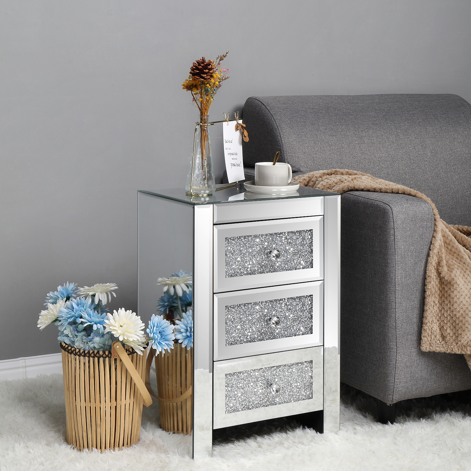 FCH Silver MDF Mirror Surface Broken Glass 40*30*60cm Three Drawers Bedside Table