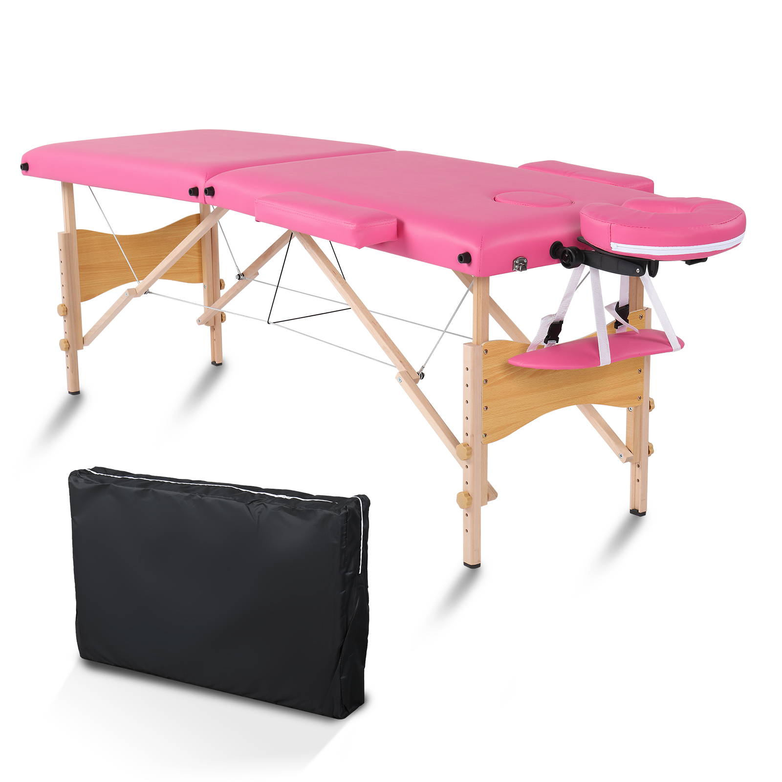 84" 2 Sections Folding Portable Beech Leg Beauty Massage Table 60CM Wide Adjustable Height Pink