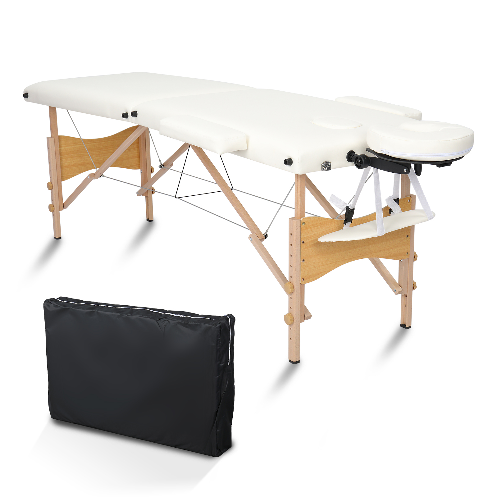 84" 2 Sections Folding Portable Beech Leg Beauty Massage Table 60CM Wide Adjustable Height White 