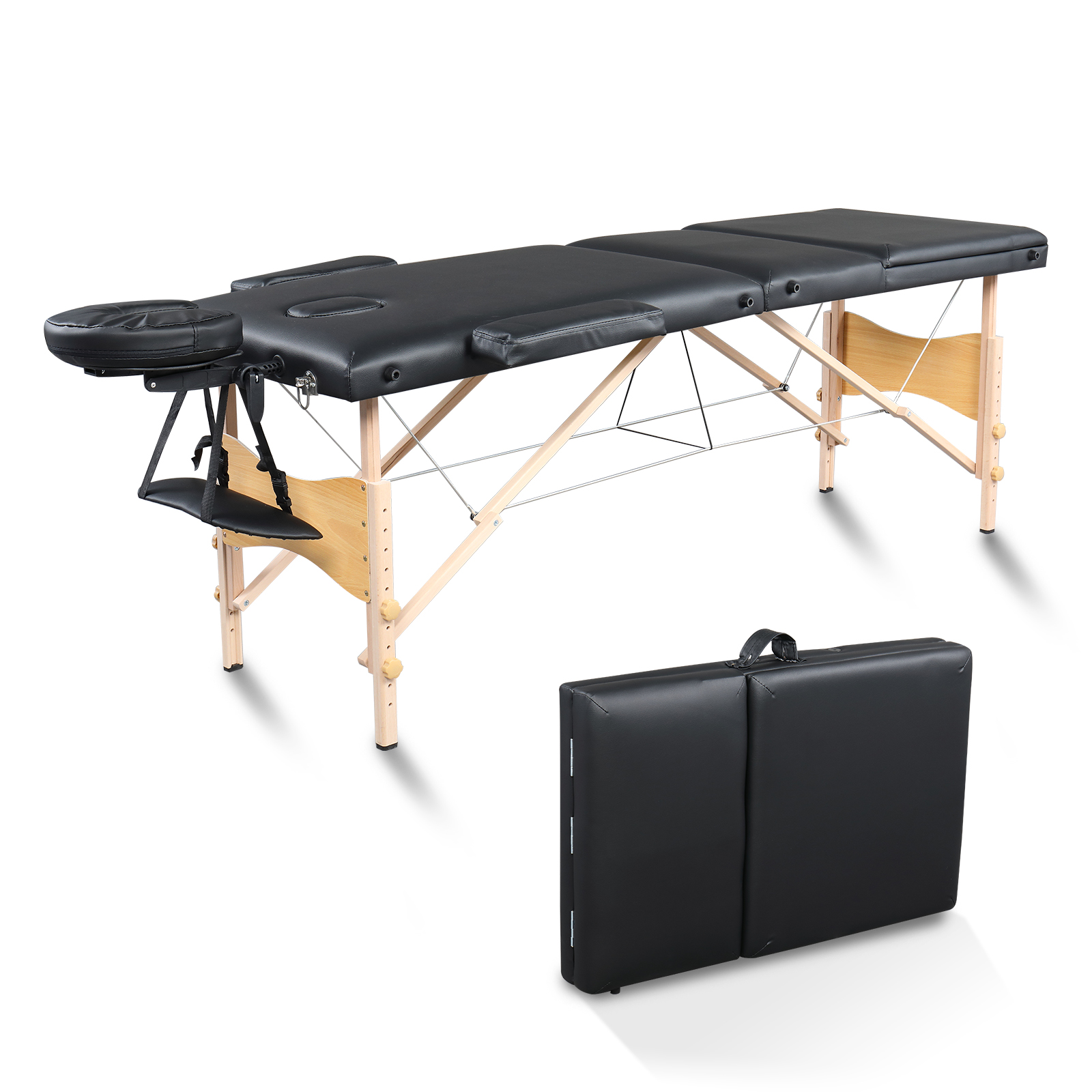 84" 3 Sections Folding Portable Beech Leg Beauty Massage Table 60CM Wide Adjustable Height Black 