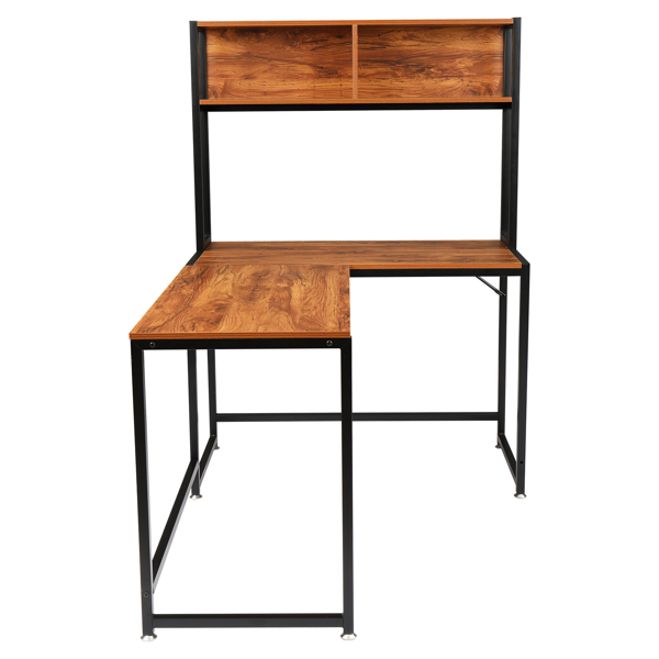 复古色面板 黑色钢架 刨花板贴三胺 L型直角 桌上带搁架层 电脑桌 N001-4