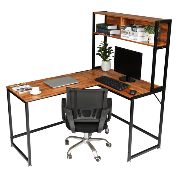 复古色面板 黑色钢架 刨花板贴三胺 L型直角 桌上带搁架层 电脑桌 N001-8