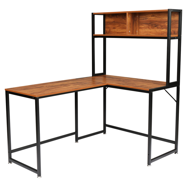 复古色面板 黑色钢架 刨花板贴三胺 L型直角 桌上带搁架层 电脑桌 N001-1