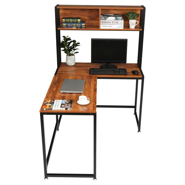复古色面板 黑色钢架 刨花板贴三胺 L型直角 桌上带搁架层 电脑桌 N001-11