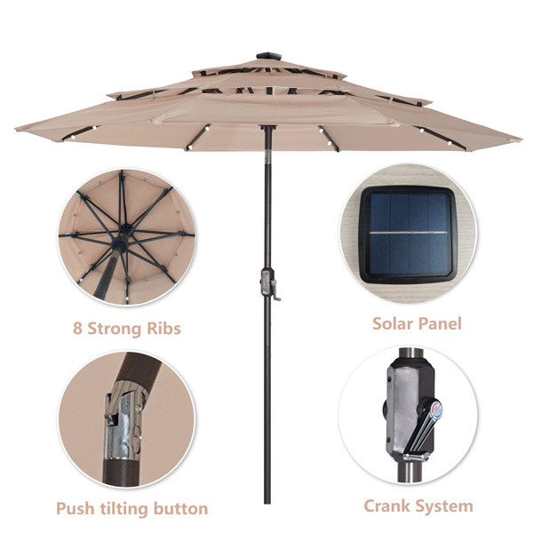 3层8伞骨户外太阳伞遮阳伞天井桌伞带LED太阳能灯，倾斜和曲柄（米色）-3