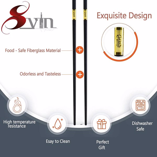 SVIN 12 对玻璃纤维筷子 - 可重复使用的筷子洗碗机安全，中日韩筷子，防滑，9 1/2 英寸，带外壳的耐用筷子 - 金色-3